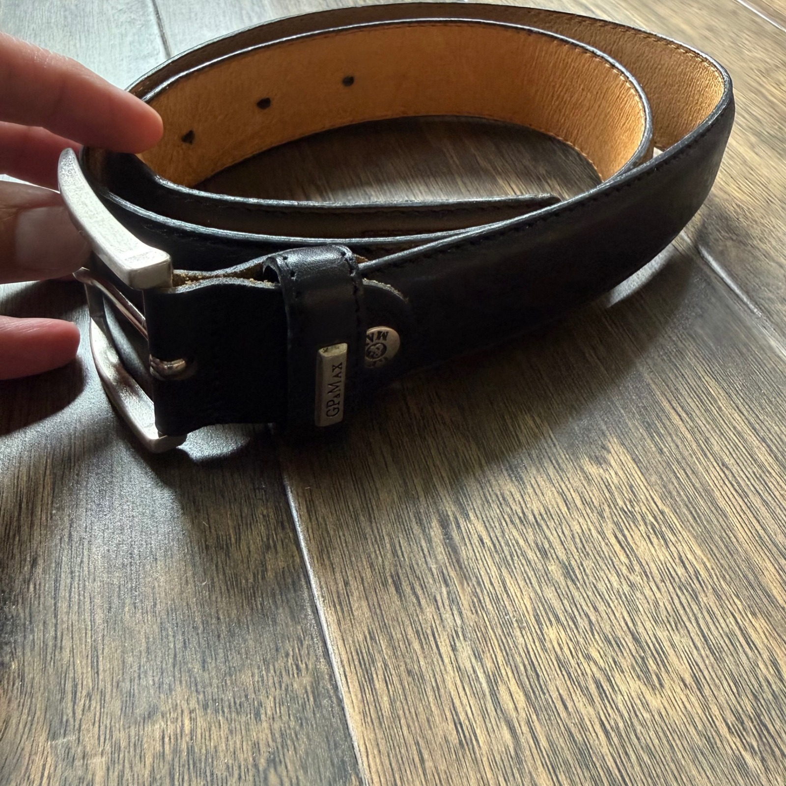Gp&Max Leather Belt Men Size115 Black Good Made In Italy Medusa Greek Key Buckle